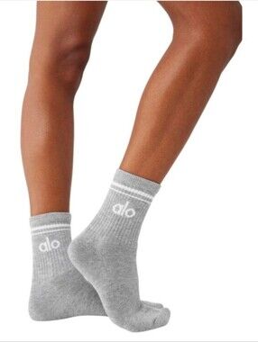 ALO Yoga Gray Crew Socks with White Logo Stripes